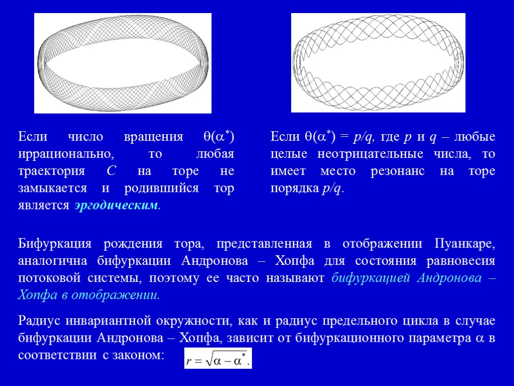 Если число вращения (*) иррационально, то любая траектория C на торе не замыкается и